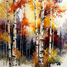 watercolor painting of trees with orange and yellow leaves