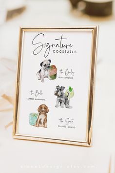 a sign with pictures of dogs on it and the words signature cocktails written below