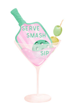 Cute pickleball sticker that says "serve, smash, sip" and has pickleball gear in a pink martini glass. Cute Stickers, For Everyone, Cricut, Lake, Sports, Birthday