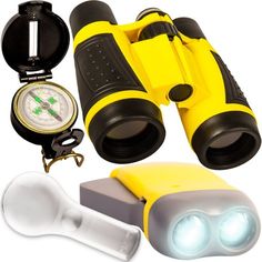 a pair of binoculars, magnifying glass and other items to make it look like they are looking into the distance