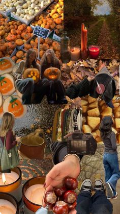 a collage of pictures with people and pumpkins