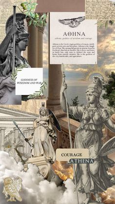 collage with images of statues, clouds, and buildings in the middle of it