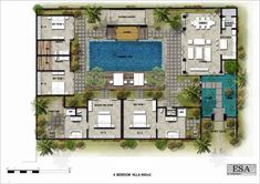 the floor plan for an apartment complex with swimming pool and lounges, surrounded by palm trees