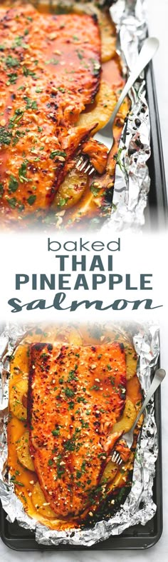 baked thai pineapple chicken in foil on a baking sheet with text overlay that says baked pineapple chicken