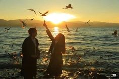 two people are standing in the water with seagulls flying over them and one person is holding their hand up