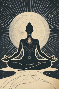 a person sitting in a lotus position with the sun shining above them and stars behind it