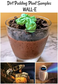 there are pictures of different things in the same bowl, including chocolate pudding and green frosting