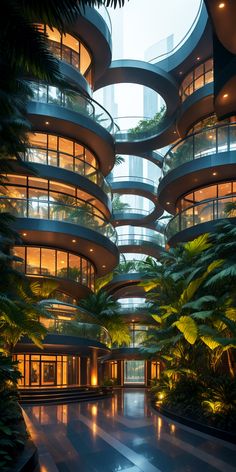 the inside of a building with many balconies and plants growing on it's sides