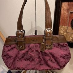 Coach Burgundy Shoulder Bag. Dark Brown Buckle Detail Leather Handles & Trim. Euc Thrift List, Purple Burgundy, Purple Bag, People Clothes, Bag Dark, Bags Coach, Duffle Bags, Pretty Bags, Fashion 2024