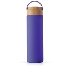 a purple water bottle with a bamboo lid and wooden cap on an isolated white background