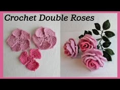 crochet double roses are shown in three different colors