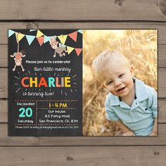 a chalkboard photo birthday party card with an image of a little boy on it