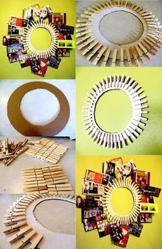 several pictures of different things made out of popsicles and wood sticks, including a circular