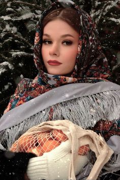 Slavic Winter Aesthetic, Scarf Selfie, Russian Winter Outfit Traditional, Slavic Winter, Slavic Headscarf, Russian Woman Traditional, Slavic Dolls, Slavic Fur Coat Aesthetic