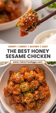 the best honey sesame chicken is served with chopsticks