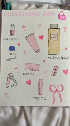 an open notebook with different items drawn on it and the words what's in my bag