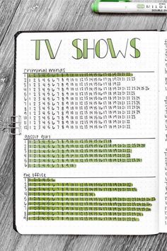 an open notebook with the words tv shows on it and a pen next to it