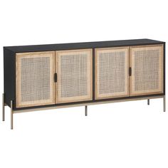 the sideboard is made out of rattan and has two doors on each side