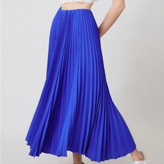 Elastic Waist Pleated Maxi Skirt Blue Pleated Maxi Skirt For Day Out, Elegant Blue Pleated Skirt For Spring, Spring Blue Flowy Maxi Skirt, Blue Maxi Skirt For Spring Day Out, Elegant Blue Maxi Skirt For Day Out, Blue Long Pleated Summer Skirt, High Waist Blue Pleated Skirt, Blue Lined Maxi Skirt For Day Out, Blue Midi Skirt For Day Out