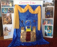 the costume is made to look like a medieval stage set with blue and yellow drapes