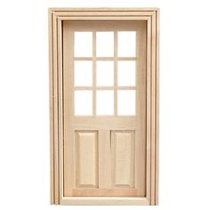 a wooden door on a white background with an open side panel and window panes