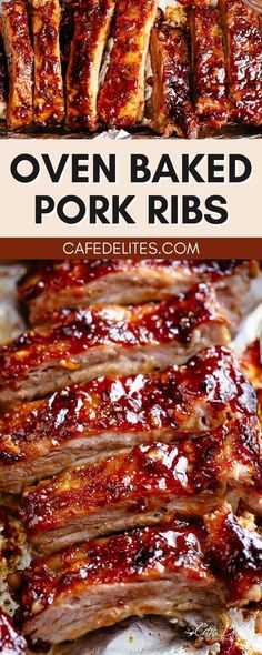 oven baked pork ribs with bbq sauce on top and in the background text overlay reads oven baked pork ribs