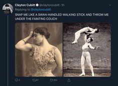 an old photo of two women in bodysuits and one is doing acrobatic