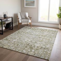 a living room with a chair and rug in front of a large window on the floor