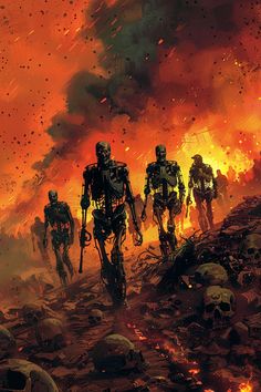 some sci - fi characters are walking in front of a fire