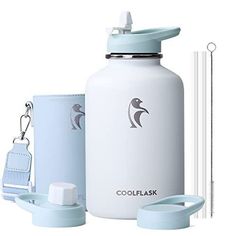 a white water bottle next to two straws and a blue case with the word coolflask on it