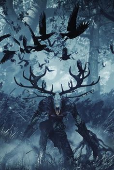 an image of a man with deer antlers on his head walking through the woods