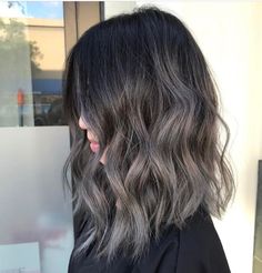 Mushroom Black Hair, Smokey Beige Hair, Greige Hair Color, Grey Hair Lowlights, Medium Ombre Hair, Black Hair Ombre, Short Punk Hair, Grey Ombre Hair, Mushroom Hair