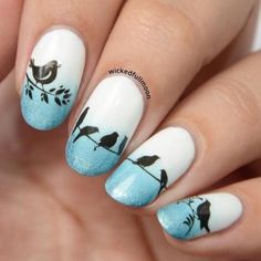 Nail Art Birds Design, Pigeon Nails, Bird Nail Designs, Trees Nail Art, Pedi Nails, Bird Nails, Inspirational Nails, Bird Nail Art, Biab Nails