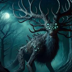 an animal with glowing eyes and horns in the woods at night by some tree branches