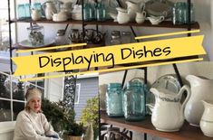 a woman sitting on a chair in front of shelves filled with dishes and vases