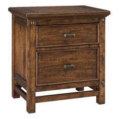 a brown wooden nightstand with two drawers