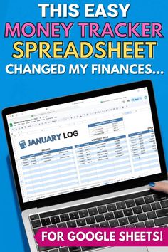 a laptop computer sitting on top of a desk next to a mouse and keyboard with the words, this easy money tracker spreadsheet changed my finance for google sheets