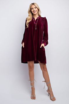 EaselSuper soft stunning luxurious shift dress in velvet with ruffle shoulder & neck accents, V neck, side pockets, hi lo hem, loose boxy fit. Elegant!Color: Plum Purple (in some lighting this looks purple)Sizes: S-M-L Runs Oversize Loose Bust 46-48-50, Length 34" -35"woven fabric, importedT1/ED70020 Sale Final Elegant Color, Plum Purple, Velvet Dress, Shift Dress, Woven Fabric, Plum, Velvet, Plus Size, V Neck