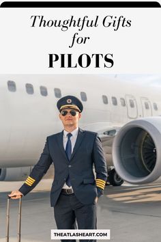 a man in a suit and tie holding a suitcase with the words thoughtful gifts for pilots on it