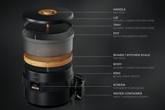 the parts of a coffee grinder on a black background with text describing it's features