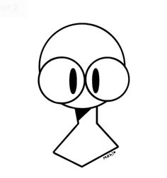 the face of an alien with big eyes and a long nose, drawn in black ink