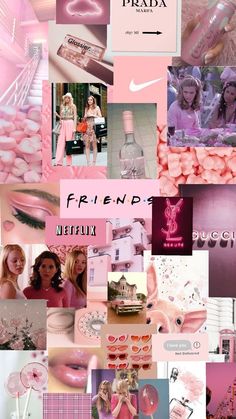 a collage of photos with pink and white