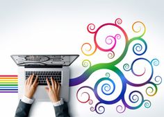 a person using a laptop computer with colorful swirls on it