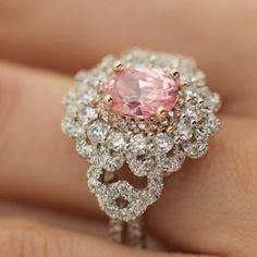 925s Pink Flower Topaz White Pave Engagement Ring Pink Pearl Engagement Ring, Barbie Engagement Ring, Pink Diamond Wedding Rings, Engagement Ring Color, Pink Heart Rings, Pink Diamonds Engagement, Dream Marriage, Pink Wedding Rings, Fav Products