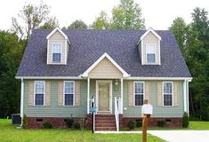 a gray house with two windows and a front porch in the middle of a grassy area