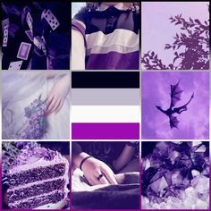 a collage of photos with purple and black colors, including a woman's hand on a cake