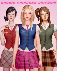 three girls in school uniforms are standing next to each other and one is wearing glasses