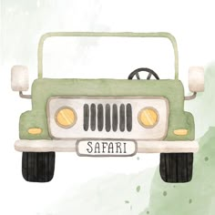 a watercolor drawing of a jeep with the word safari on it's front