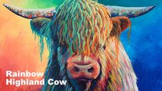 a painting of a cow with long horns and rainbow paint on it's face