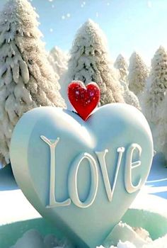 a heart with the word love written on it in front of snowy trees and snow - covered ground